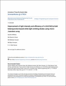 Improvement of light intensity and efficiency of n-ZnO/NiO/p-GaN heterojunction-based white light emitting diodes using micro-/nanolens array