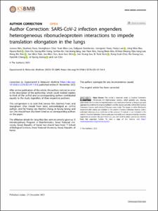 Author Correction: SARS-CoV-2 infection engenders heterogeneous ribonucleoprotein interactions to impede translation elongation in the lungs (Experimental & Molecular Medicine, (2023), 55, 12, (2541-2552), 10.1038/s12276-023-01110-0)