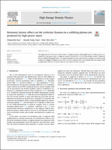 Biermann battery effects on the turbulent dynamo in a colliding plasma jets produced by high-power lasers