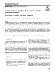 Swarm of magnetic nanoparticles steering in multi-bifurcation vessels under fluid flow