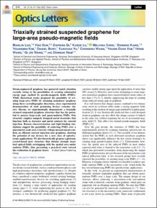 Triaxially strained suspended graphene for large-area pseudo-magnetic fields