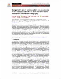 Comparative study on resolution enhancements in fluorescence-structured illumination Fresnel incoherent correlation holography