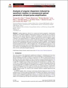 Analysis of angular dispersion induced by wavefront rotation in nanosecond optical parametric chirped pulse amplification