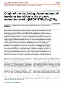 Origin of the insulating phase and metal-insulator transition in the organic molecular solid κ-(BEDT-TTF)2Cu2(CN)3