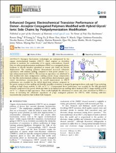 Enhanced Organic Electrochemical Transistor Performance of Donor-Acceptor Conjugated Polymers Modified with Hybrid Glycol/Ionic Side Chains by Postpolymerization Modification