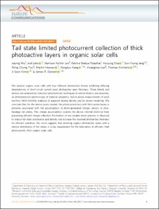 Tail state limited photocurrent collection of thick photoactive layers in organic solar cells