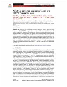 Wavefront-corrected post-compression of a 100-TW Ti:sapphire laser
