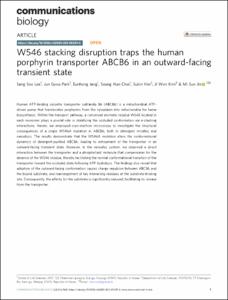 W546 stacking disruption traps the human porphyrin transporter ABCB6 in an outward-facing transient state