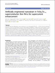 Artificially engineered nanostrain in FeSexTe1-x superconductor thin films for supercurrent enhancement