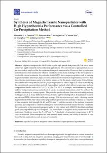 Synthesis of magnetic ferrite nanoparticles with high hyperthermia performance via a controlled co-precipitation method