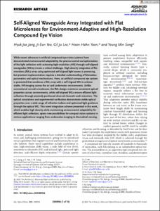 Self-Aligned Waveguide Array Integrated with Flat Microlenses for Environment-Adaptive and High-Resolution Compound Eye Vision