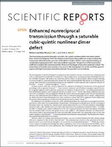 Enhanced nonreciprocal transmission through a saturable cubic-quintic nonlinear dimer defect