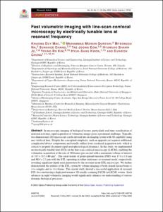 Fast volumetric imaging with line-scan confocal microscopy by electrically tunable lens at resonant frequency