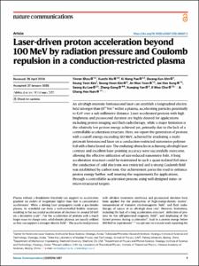 Laser-driven proton acceleration beyond 100 MeV by radiation pressure and Coulomb repulsion in a conduction-restricted plasma