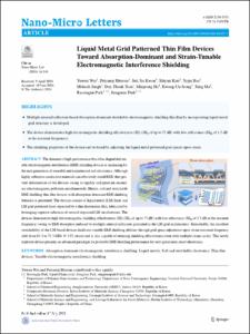 Liquid Metal Grid Patterned Thin Film Devices Toward Absorption-Dominant and Strain-Tunable Electromagnetic Interference Shielding