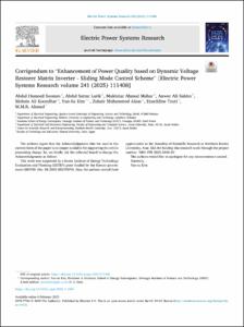 Corrigendum to “Enhancement of Power Quality based on Dynamic Voltage Restorer Matrix Inverter - Sliding Mode Control Scheme” [Electric Power Systems Research volume 241 (2025) 111408](S037877962500001X)(10.1016/j.epsr.2025.111408)