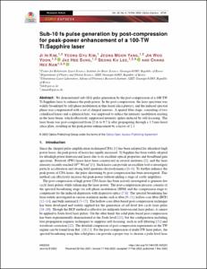 Sub-10 fs pulse generation by post-compression for peak-power enhancement of a 100-TW Ti:Sapphire laser