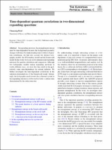 Time-dependent quantum correlations in two-dimensional expanding spacetime